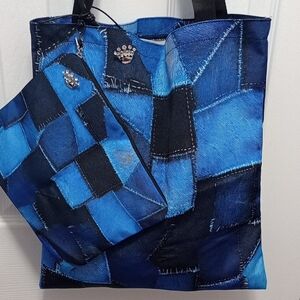 Blue Patchwork Tote and Pouch Set, New